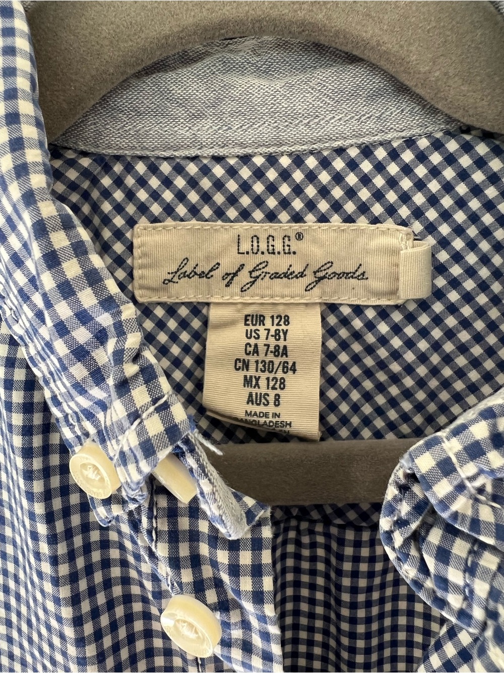 L.O.G.G. Boys 7/8 Blue Gingham Button-Down Shirt with Chambray cuff when rolled - Picture 2 of 6